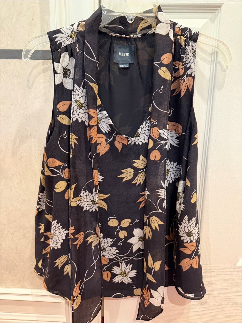 Maeve Black Floral Sleeveless Tie-Scarf top